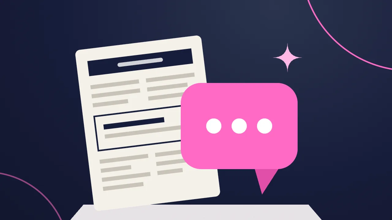 Newspaper classifieds page beside a pink chat bubble