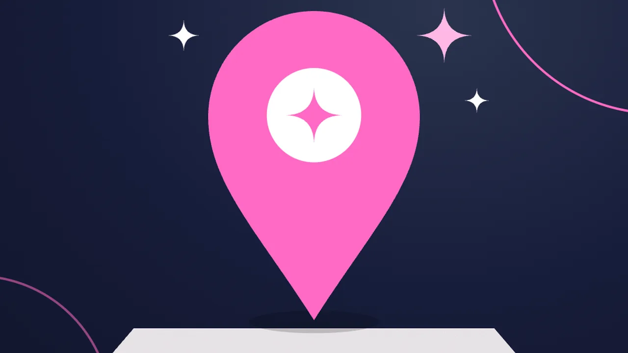 Pink map location pin illustration with an AI sparkle