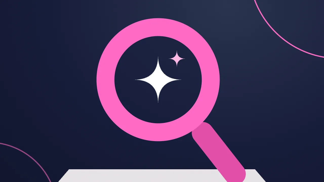Pink magnifying glass illustration with an AI sparkle in the lens