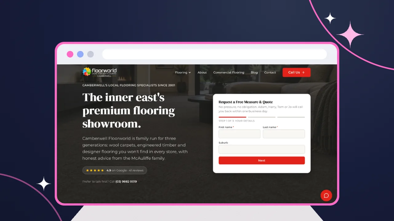 The Floorworld Camberwell website homepage shown in a browser window